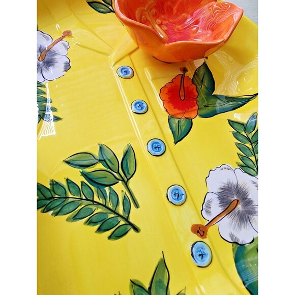 TROPICAL SHIRT CHIP & DIP-YELLOW & ORANGE WITH HIBISCUS FLOWERS BY DENNIS EAST - Picture 2 of 8